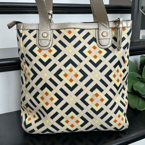 Spartina 449 genuine leather linen handbag tote shoulder purse, like new - Picture 5 of 11